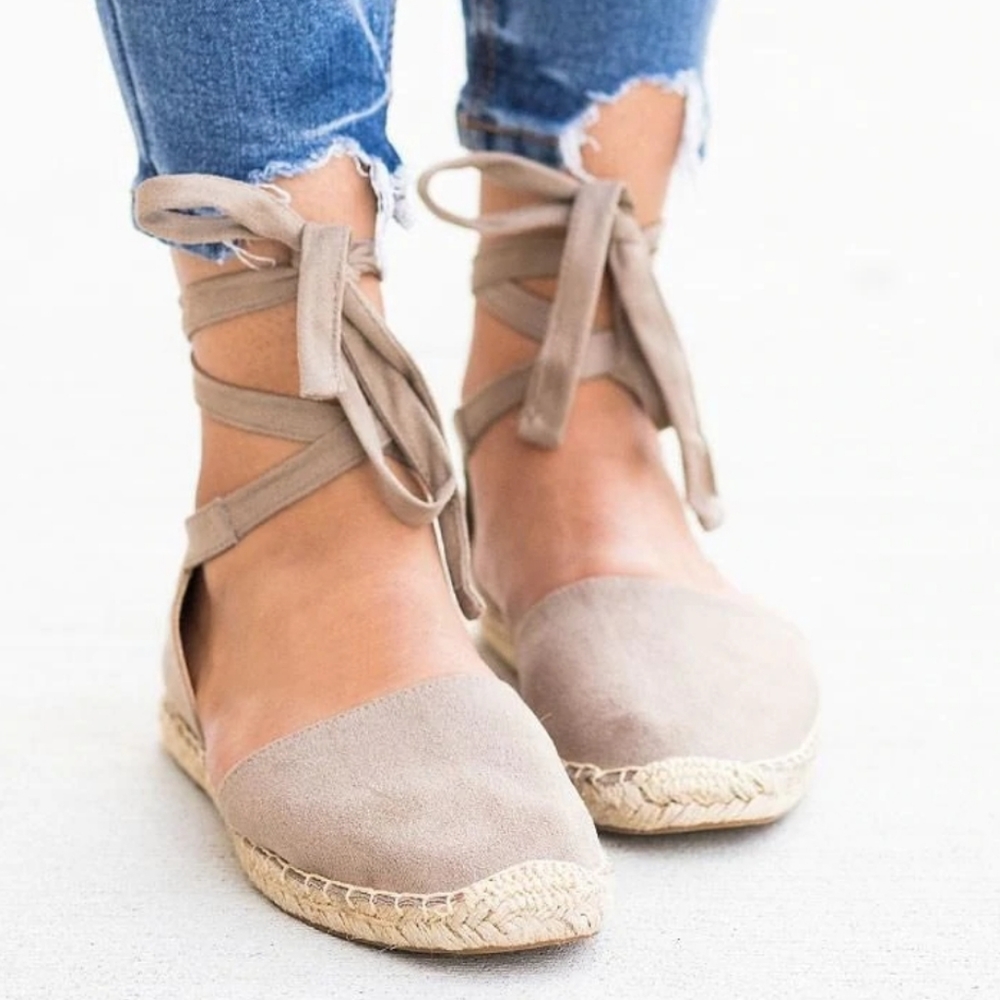 New Clay Beige Lace Up Mary Jane Espadrille Sandals